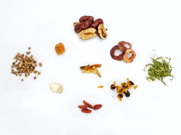The nine dry ingredients included in each packet of Eight Treasures herbal tea.